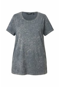 T-shirt grigio a maniche corte con un aspetto texturizzato e marmorizzato, caratterizzato da un collo rotondo e dettagli di cucitura visibili lungo i bordi.