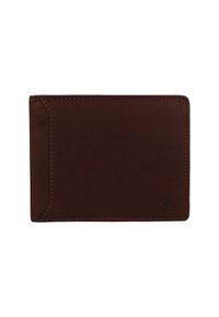 Brown leather wallet with a smooth texture, featuring a stitched edge, minimalist design, and embossed logo in one corner.