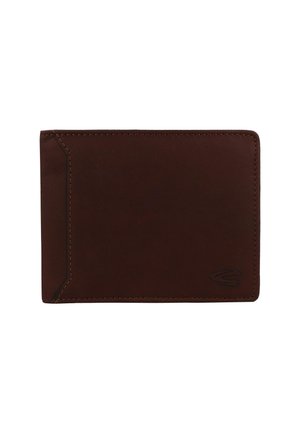 Brown leather wallet with a smooth texture, featuring a stitched edge, minimalist design, and embossed logo in one corner.