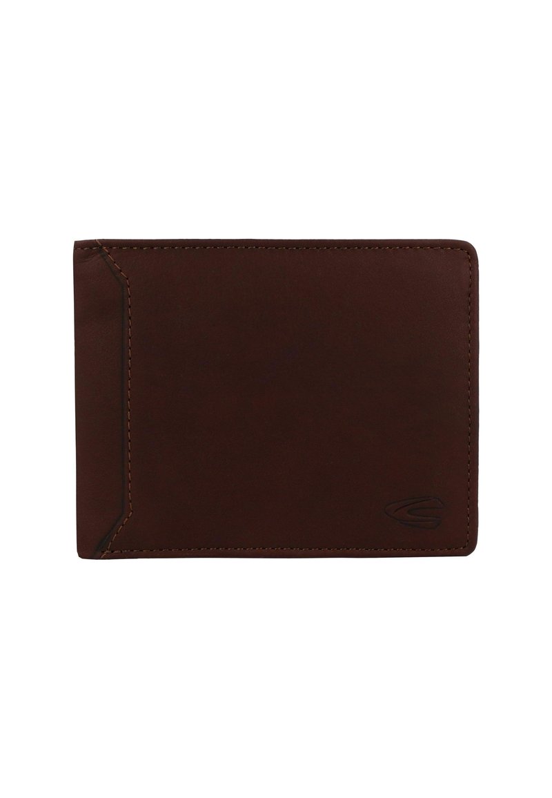 Brown leather wallet with a smooth texture, featuring a stitched edge, minimalist design, and embossed logo in one corner.