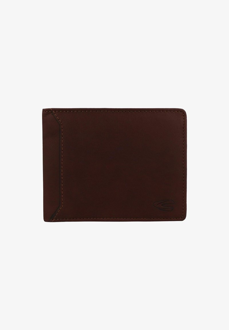 Brown leather wallet with a smooth texture, featuring a stitched edge, minimalist design, and embossed logo in one corner.
