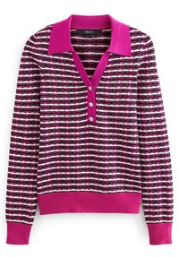 Roze en zwart geblokt sweater met een kraag, drie knopen en geribbelde manchet- en zoomdetails. Heeft een geometrisch ontwerp over het geheel.