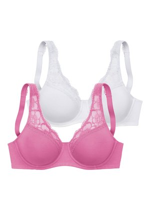 Two lace-trimmed underwire bras in solid colors, one white and one pink, shown on a plain white background.