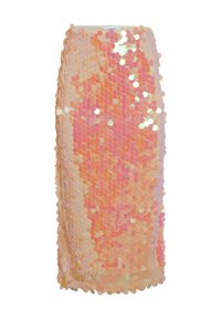 Paillettenrok in verloopkleuren van perzik en roze, met ronde pailletten en een aansluitende silhoeët. Gladde textuur met reflecterende accenten.