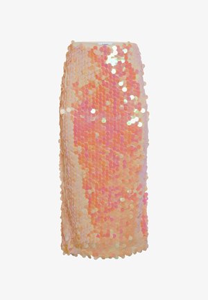 Sequin skirt in gradient shades of peach and pink, featuring circular sequins and a fitted silhouette. Smooth texture with reflective accents.