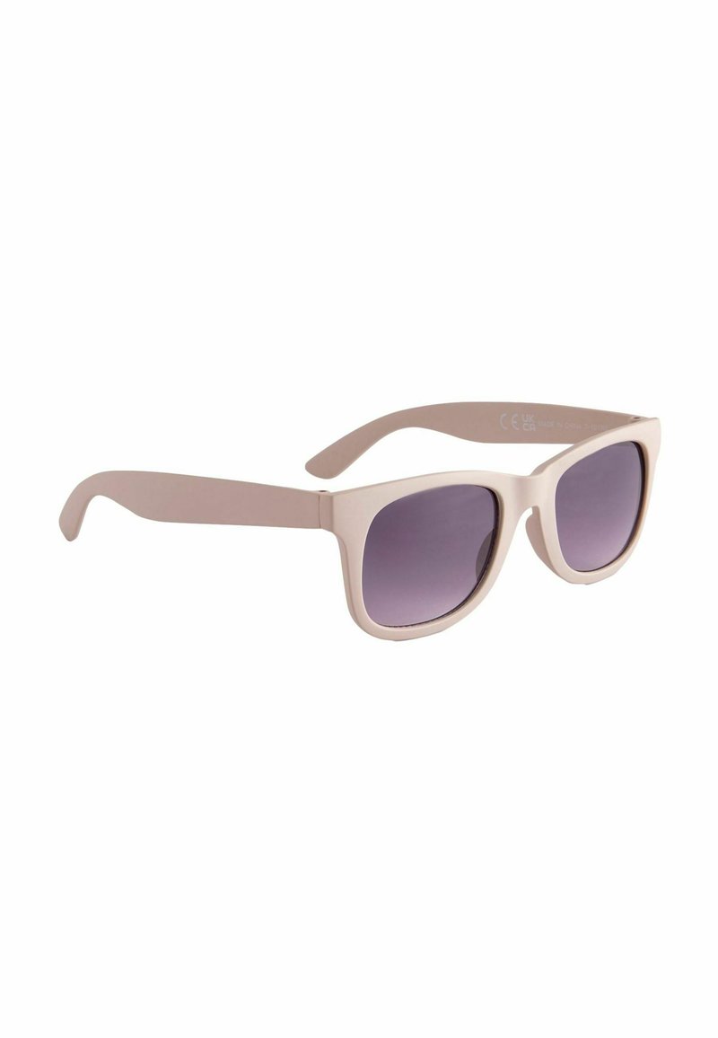 Lunettes de soleil en plastique beige avec des verres dégradés violets ; monture carrée et branches fines ; texture lisse sans logos ni motifs visibles.