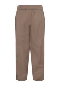 Pantalon marron coupe ample avec ceinture élastique et jambes droites, présenté sur un fond blanc.