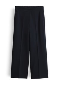 Navy wide-leg pants with elastic waistband and side pockets, tailored with a smooth front and straight hem.