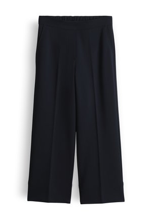 Navy blaue Hose mit weitem Bein, elastischem Bund und Seitentaschen, maßgeschneidert mit einer glatten Vorderseite und geradem Saum.