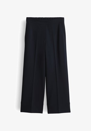 Navy blaue Hose mit weitem Bein, elastischem Bund und Seitentaschen, maßgeschneidert mit einer glatten Vorderseite und geradem Saum.