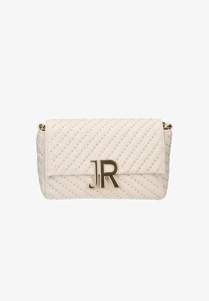 Gequilte crèmekleurige handtas met gouden "JR" logo, studaccenten en een flap die omgevouwen kan worden. Beschikt over een kettingband voor crossbody-draagstijl.