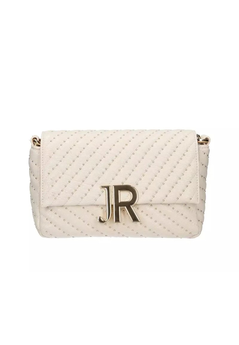 Puffig gräddfärgad handväska med guld "JR"-logotyp, nitar och en vikertopp. Har en kedjestropp för crossbody-bärande.