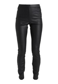 Zwarte faux leren leggings met een slim fit en hoge taille. Beschikt over een gladde textuur en een eenvoudig, strakke ontwerp zonder versieringen.