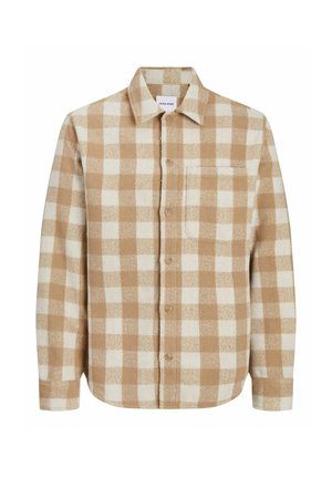 Geruite flanellen overhemden in beige en crème, gestructureerde kraag, borstzak, knoopsluiting, lange mouwen met knoopmanchetten.