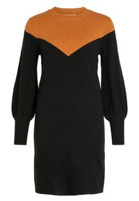 Abito in maglia con corpo nero e scollatura a zigzag arancione, maniche lunghe a sbuffo e polsini a coste. Texture liscia in tutto l'abito.