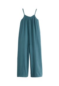 Tuta color verde smeraldo con spalline sottili regolabili, corpetto arricciato, gambe larghe, tessuto morbido, senza motivi o dettagli visibili.