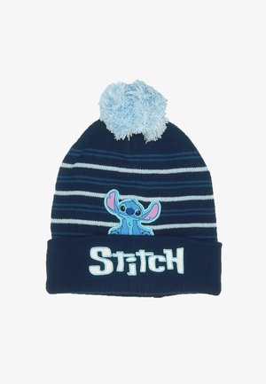 Marine gebreide muts met witte en lichtblauwe strepen. Beschikt over een fluffy lichtblauwe pompon en een geborduurd Stitch ontwerp met tekst daaronder.