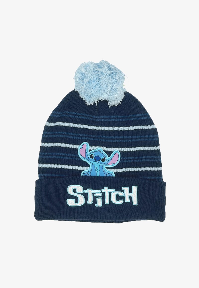 Navy knit beanie with white and light blue stripes. Features a fluffy light blue pom-pom and an embroidered Stitch design with text below.