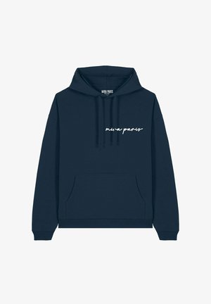 Hoodie bleu marine avec une poche avant, capuche à cordon de serrage et logo en script "mira paris" en blanc. Matière en coton, poignets et ourlet côtelés.