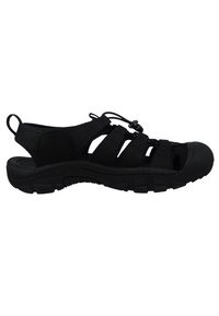 Sandal attivo nero con suola in gomma, cinturini in rete e nylon, design aperto, linguetta posteriore e sistema di allacciatura regolabile per una vestibilità sicura.