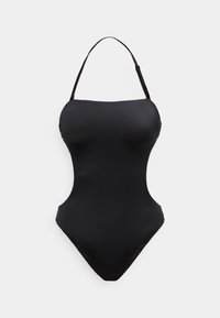 Μαύρο ολόσωμο μαγιό με ανοίγματα στα πλάγια και μία ρυθμιζόμενη λουρίδα στήριξης στον λαιμό, σε λευκό φόντο.