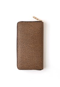 Portefeuille zippé marron avec texture, finition granulée, fermeture éclair noire et accent en métal doré, au format rectangulaire compact.