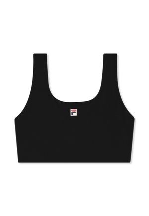 Brassière de sport noire avec de larges bretelles et un petit logo rectangulaire rouge et bleu marine au centre devant.