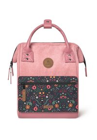Pink corduroy backpack with a floral-patterned front pocket, leather accents, dual handles, and a round logo detail. Zipper closure.