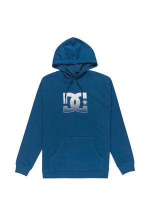 Blue hooded sweatshirt, made of soft fabric, featuring a large white logo on the front, a kangaroo pocket, and drawstring hood.
