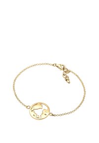 Goldarmband mit einer dünnen Kette und einem erdformigen Anhänger. Der Anhänger hat ausgeschnittene Kontinente und ist mit "825" für den Silbergehalt gekennzeichnet.