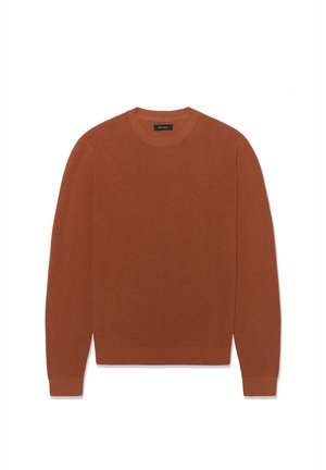 Pull à manches longues couleur rouille avec col rond, poignets et ourlet côtelés, posé à plat sur un fond blanc.