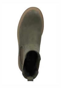 Botín tobillo verde oliva con parte superior de cuero liso, paneles laterales elásticos, puntera redonda y una lengüeta en la parte trasera; suela de goma con base en contraste.