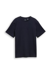 Granatowy t-shirt z krótkim rękawem wykonany z miękkiej bawełny, z okrągłym dekoltem i luźnym krojem, ozdobiony fakturą w prążki oraz minimalistycznym logo.