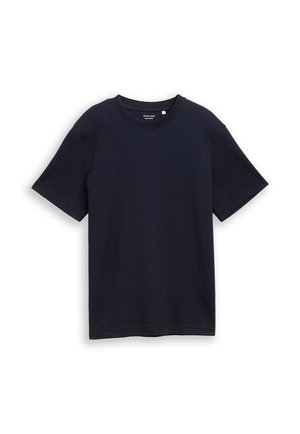 Marineblauw T-shirt met korte mouwen van zacht katoen, met een ronde hals en een ontspannen pasvorm, voorzien van een getextureerd geribd patroon en minimale branding.