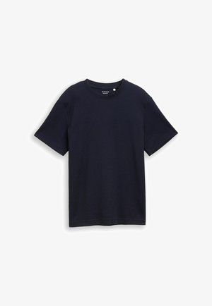 Marineblauw T-shirt met korte mouwen van zacht katoen, met een ronde hals en een ontspannen pasvorm, voorzien van een getextureerd geribd patroon en minimale branding.