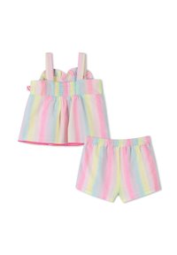 Completo a due pezzi composto da un top con spalline e pantaloni corti coordinati. Realizzato in tessuto leggero, con righe pastello nei toni di rosa, giallo e blu.