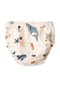 Culotte de bain réutilisable de couleur beige clair avec des motifs animaliers aquatiques colorés, incluant des baleines, des hippocampes et des méduses. Taille élastique.