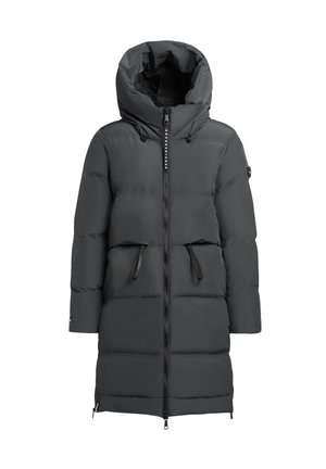 Black puffer coat with a hood, featuring a front zipper, two side pockets, and a quilted design. Made from smooth, water-resistant material.