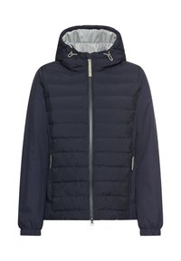 Marine blauwe pufferjack met een ritssluiting aan de voorkant, verstelbare capuchon, ribgewoven manchetten en een gladde binnenvoering. Heeft een geweven ontwerp op het lichaam.