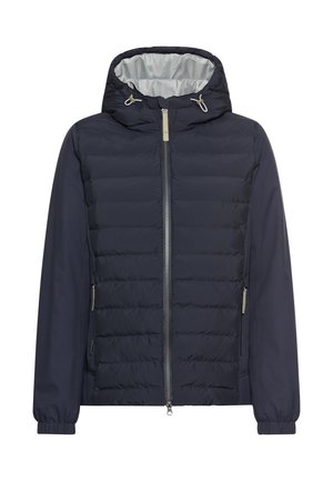 Marineblaue Daunenjacke mit Reißverschluss, verstellbarer Kapuze, gerippten Bündchen und glatter Innenseite. Mit einem gesteppten Design am Körper.