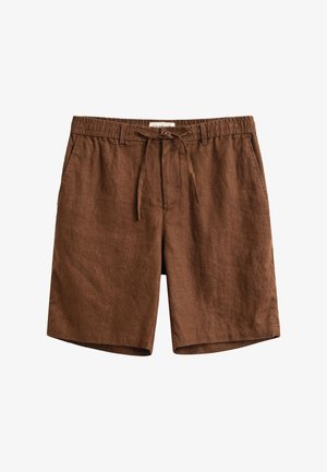 Pantalones cortos de lino marrón con cintura elástica, cordón ajustable, trabillas para cinturón y bolsillos laterales.