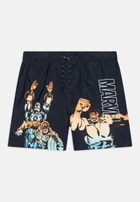 Námorné plavky so superhrdinami Marvella. Elastický pás s šnúrkou, predný grafický potlač a výrazné písmo na boku.
