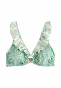 Miętowy biustonosz bikini z białym wzorem kwiatowym, falbaniastymi ramiączkami i okrągłym złotym zapięciem z przodu. Gładka faktura materiału.