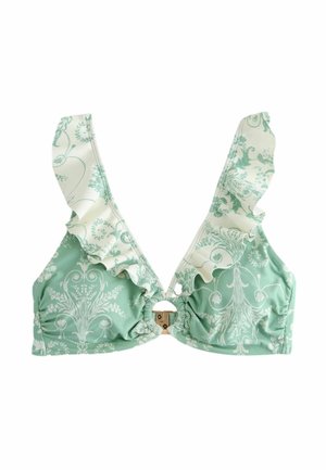 Mintgroene bikinitop met wit bloemenpatroon, gerimpelde banden en ronde gouden sluiting aan de voorkant. Glad stoftextuur.