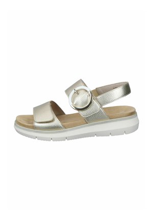Gouden metalen sandalen met textuuroverlays, een ronde gesp en een gevoerd voetbed met een witte rubberen zool.