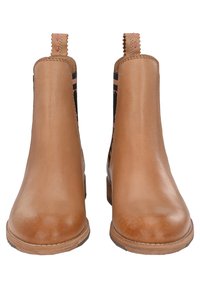 Tan leather ankle boots with elastic side panels, textured finish, and a patterned inner lining. Stitched detailing around the sole.