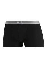 Crne bokserice od glatke tkanine. Imaju meki sivi pojas s logotipom "H.I.S" i suptilne horizontalne pruge.