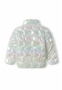 Iridescent puffy jacka med glansig yta, med en fyrkantig form och quiltad design. Färgen skiftar från vit till pastellnyanser.