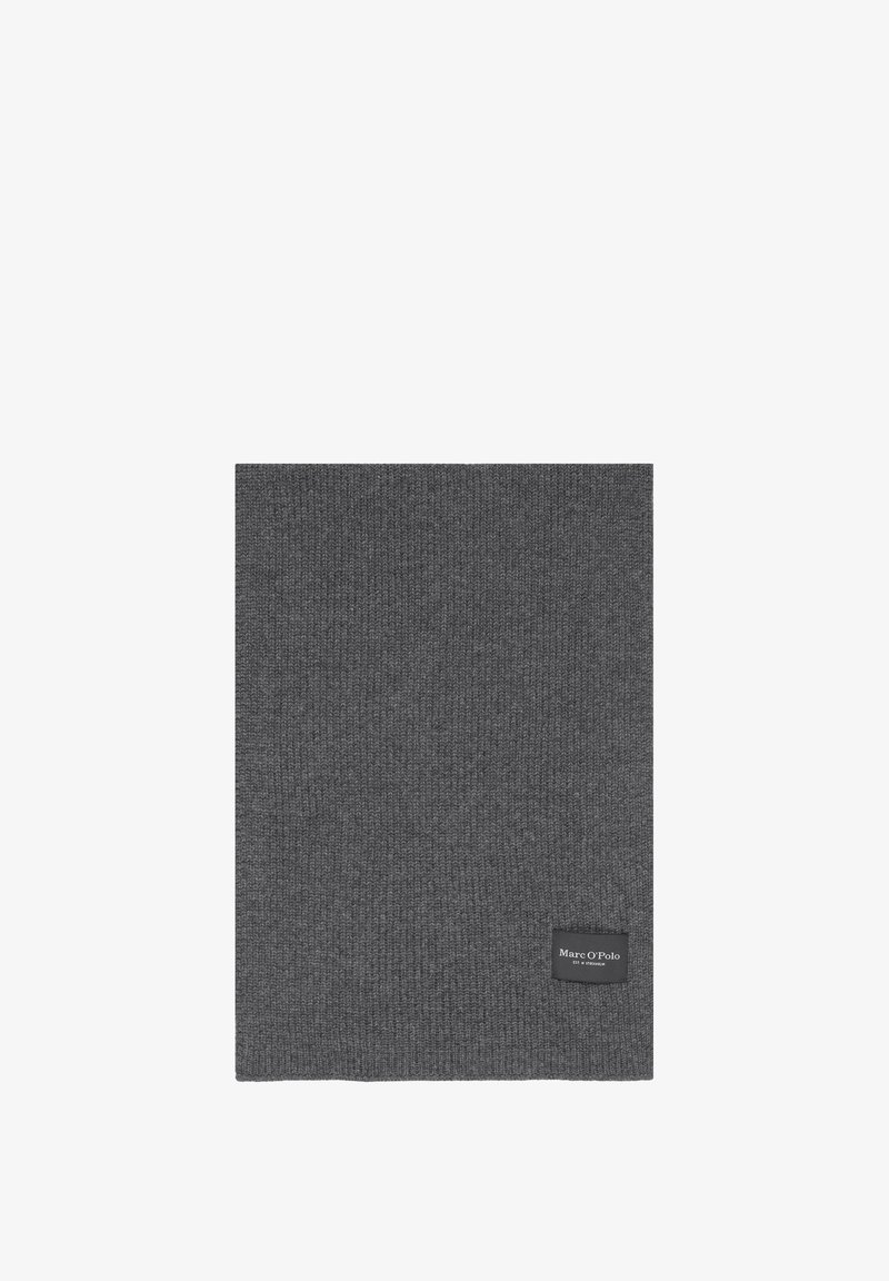 Gray knitted scarf with a ribbed texture, featuring a black label at the corner with "Marc O'Polo" text. Simple rectangular shape.
