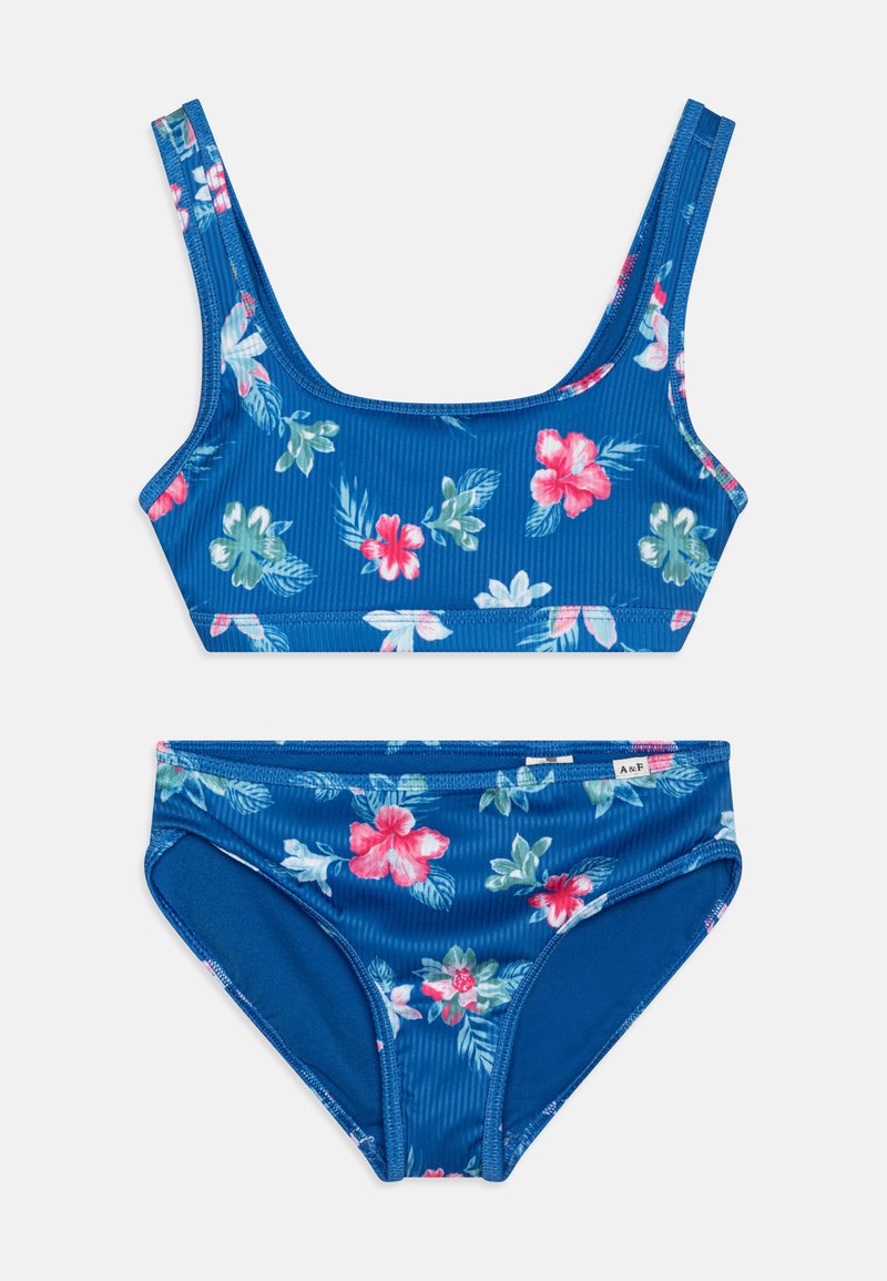 Μπλε μπικίνι με λουλούδια, κατασκευασμένο από ριγέ ύφασμα, με λευκά, ροζ και πράσινα μοτίβα με ιβίσκους και φύλλα σε τόσο το πάνω όσο και το κάτω κομμάτι.